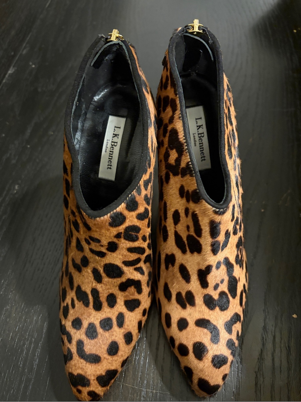 LK Bennett Leopard-Print Pointed Toe Ankle Booties in Brown and Black